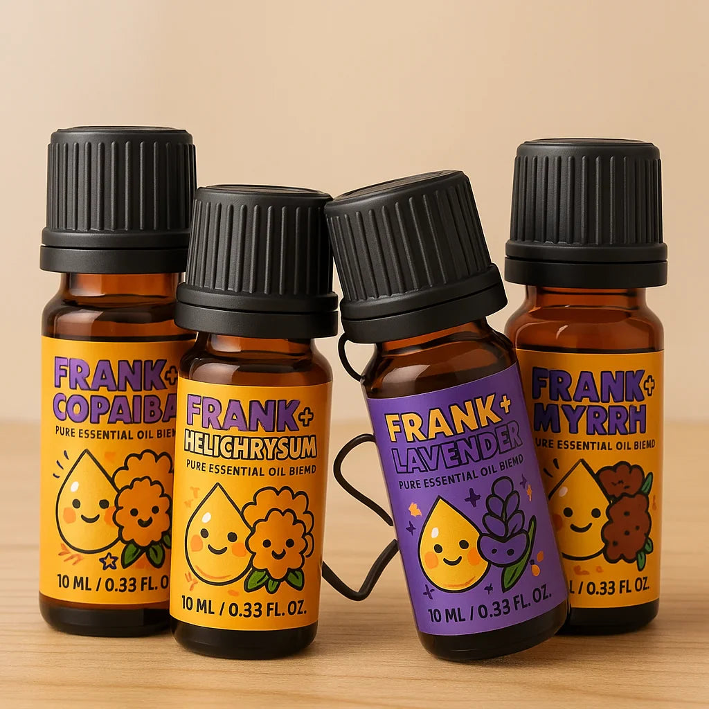 Frank + Helichrysum essential oil with vibrant packaging showcasing skin healing benefits alongside other blends.