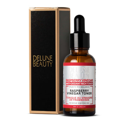 Delune Raspberry Vinegar Toner bottle and packaging, natural skincare for oily, blemish-prone skin, 30ml size.