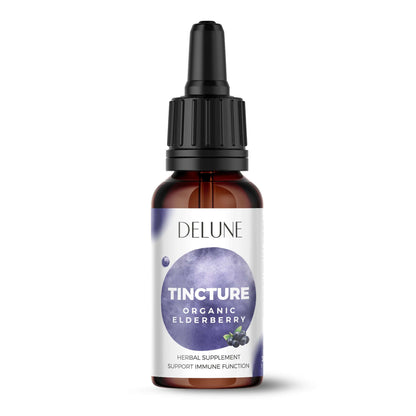 Organic Elderberry Herbal Tincture bottle supports immune function with natural ingredients.