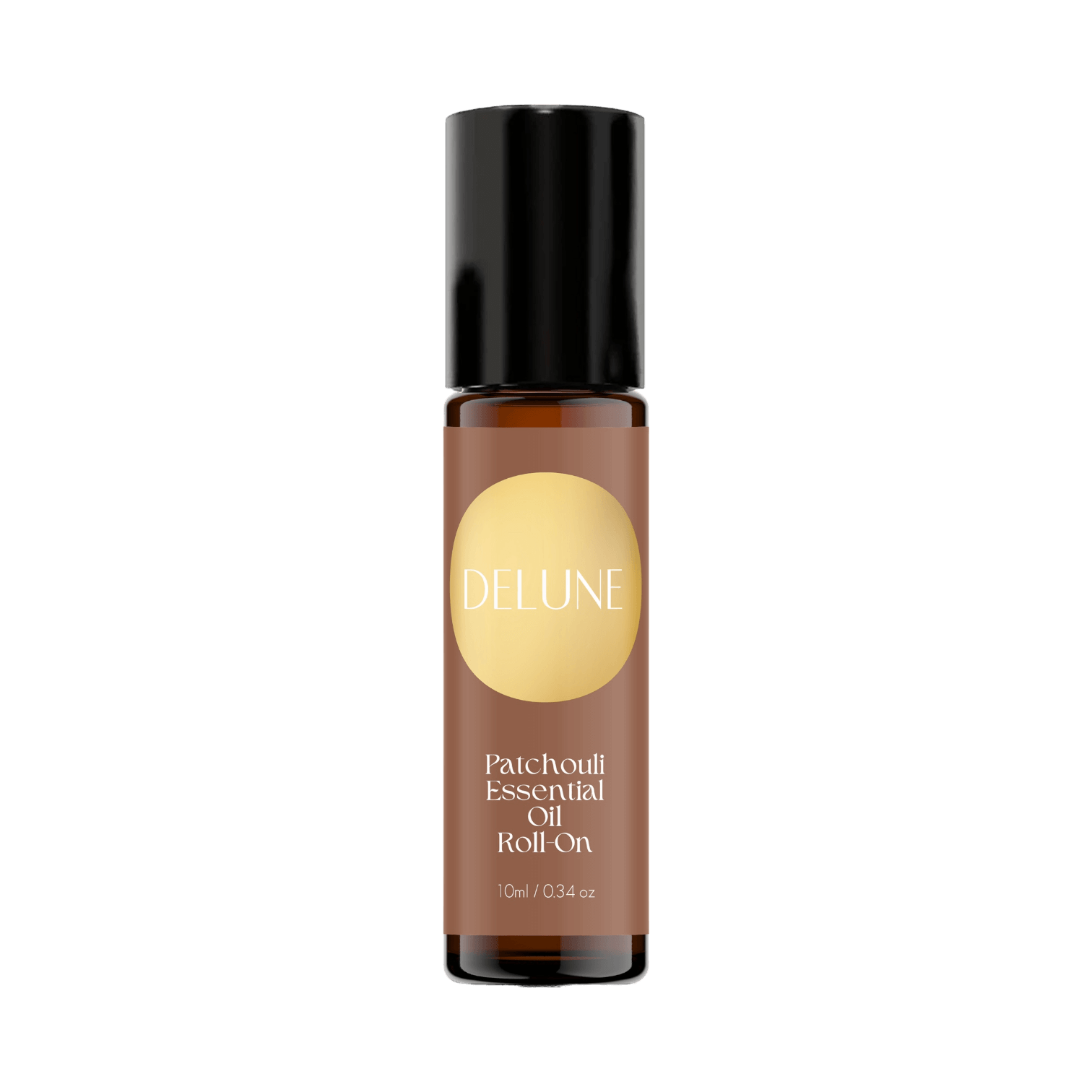 Patchouli Essential Oil Roll-On, 10ml bottle, offers grounding, earthy aroma with fractionated coconut oil for creativity and balance.