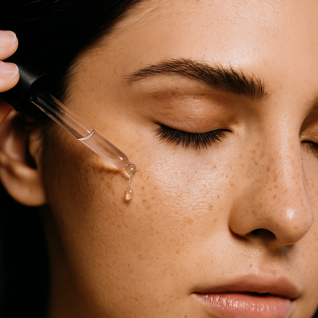 Close-up of a woman applying a dropper of liquid to her face.