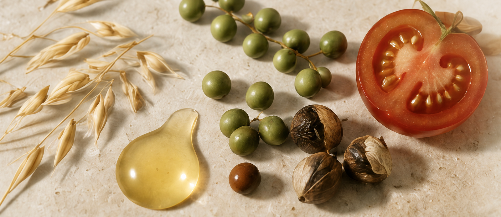 Botanical ingredients with tomato, olive fruit, grain and golden oil