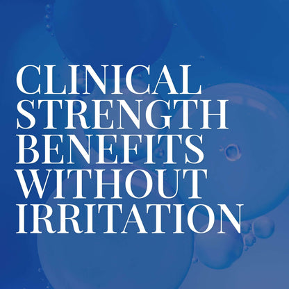 Clinical strength skincare benefits text overlay on blue background.