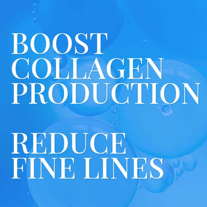 "Boost collagen production and reduce fine lines with Copper Ceramides Peptide Renewal Power Serum on blue background"