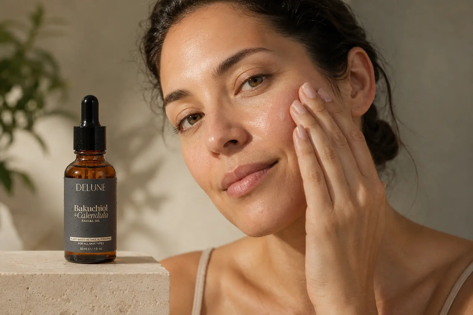 Woman pressing facial oil into skin beside Delune Bakuchiol and Calendula Facial Oil