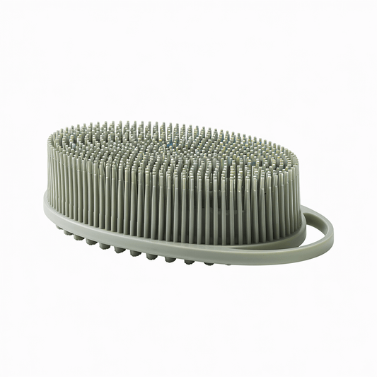 Delune Silicone Body Scrubber with dual-sided design for cleansing and massaging, featuring durable bristles and easy hanging loop.