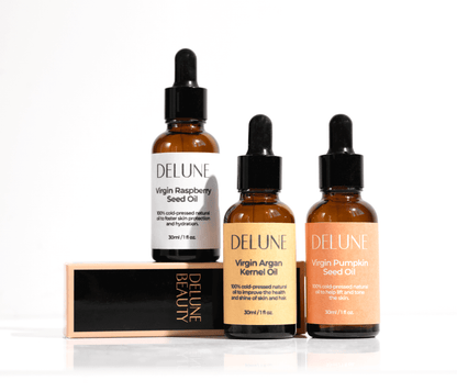 Delune Beauty Virgin Seed Oils: Raspberry, Argan, Pumpkin for skincare.