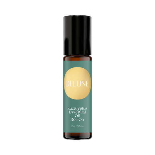 Eucalyptus Essential Oil Roll-On - 10ml bottle promotes clear breathing with invigorating eucalyptus scent, diluted in coconut oil.
