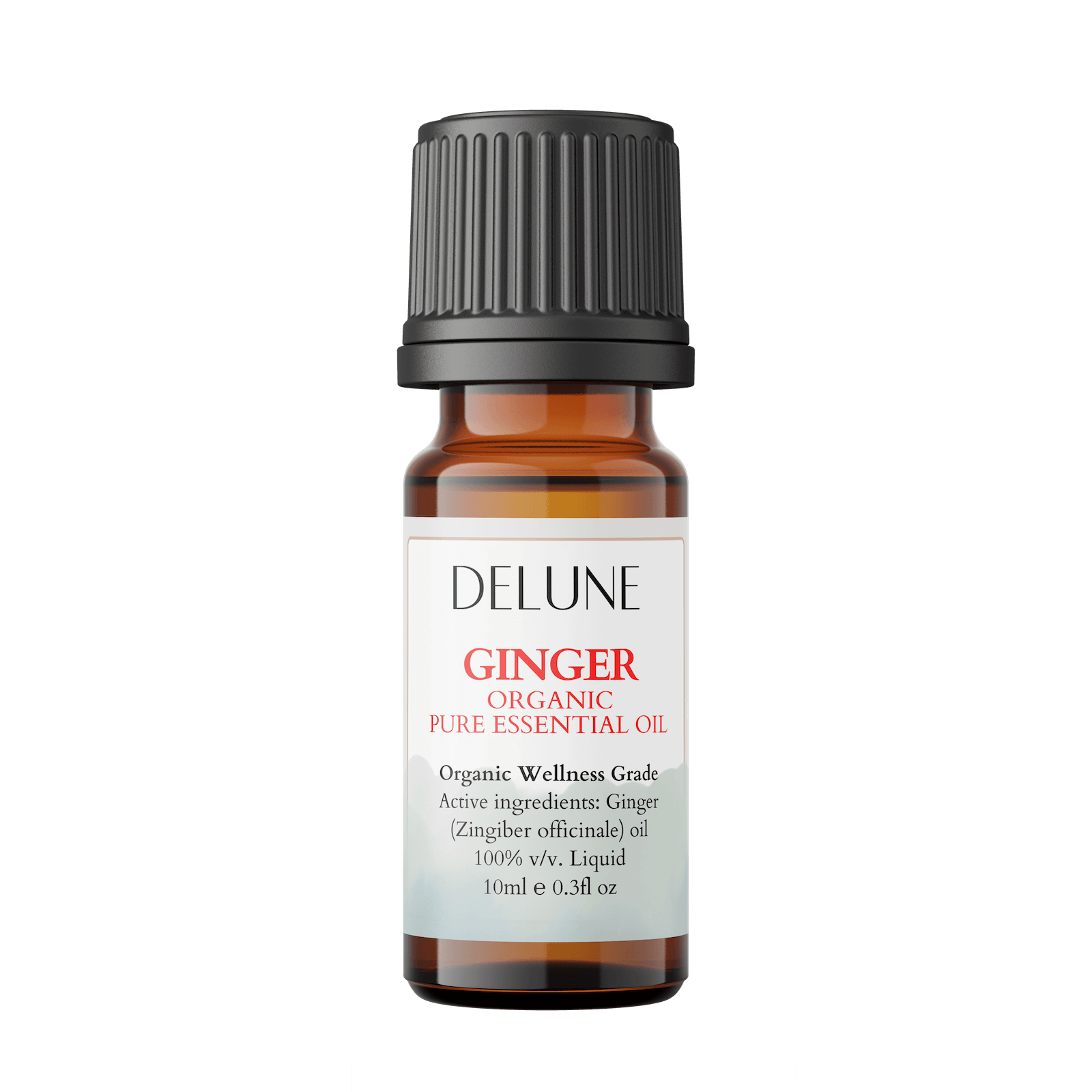 Bottle of Ginger Organic Wellness Grade Essential Oil, 100% Zingiber officinale, 10ml, promoting vitality and energy with spicy aroma.