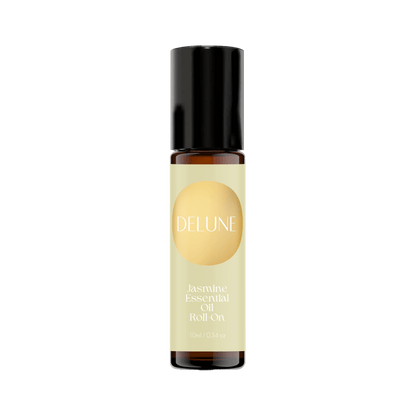 Delune Jasmine Essential Oil Roll-On in amber bottle with soothing floral aroma, mood-enhancing and playful scent, 10ml size.