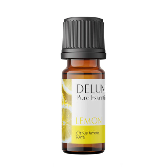 Lemon Pure Essential Oil 10ml bottle, known for its citrusy scent and uplifting properties, ideal for mood boosting and cleansing.