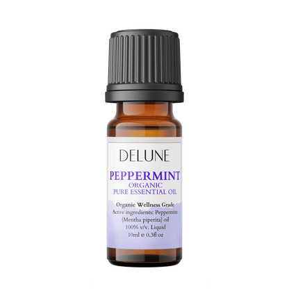 Bottle of Peppermint Organic Wellness Grade Essential Oil, 10ml, with a refreshing mint scent for revitalization and alertness.