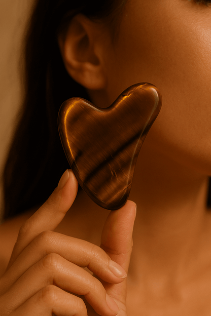 Woman holding Tiger's Eye Gua Sha tool near face, promoting skin vitality and energy boost, featuring gemstone's unique shine.